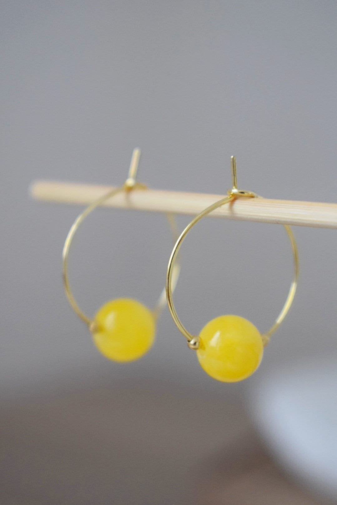 Yellow jade hoop earrings, Gemstone Creole, 18k gold plated stainless steel, Yellow bead, Minimalist, Boho handmade jewelry gift