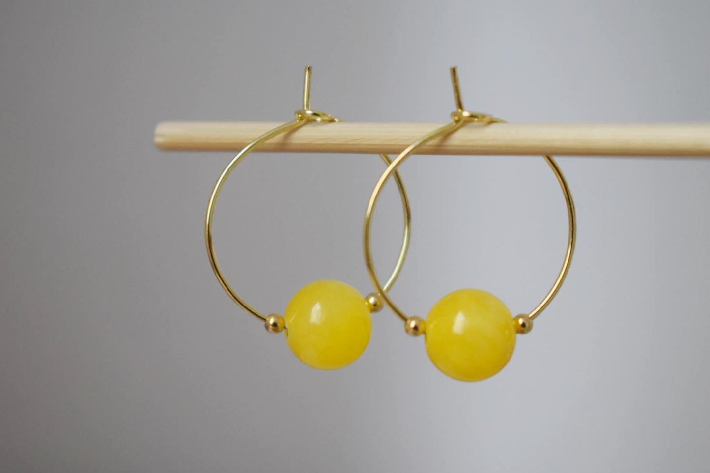 Yellow jade hoop earrings, Gemstone Creole, 18k gold plated stainless steel, Yellow bead, Minimalist, Boho handmade jewelry gift