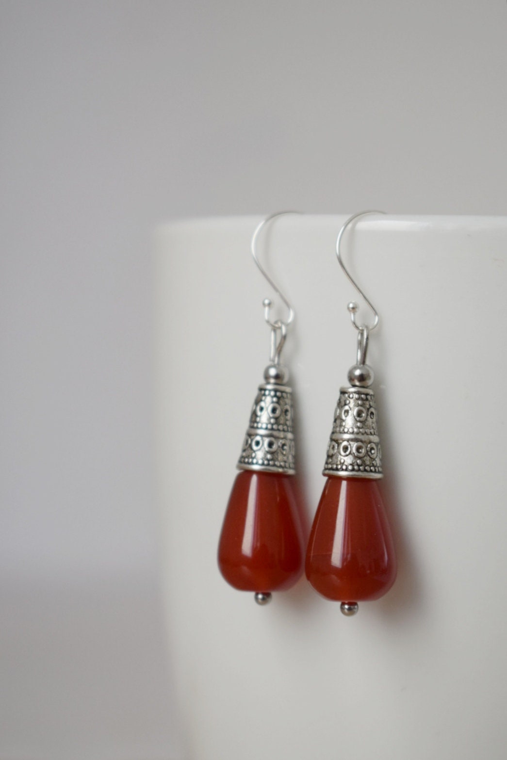 Carnelian teardrop earrings, Red gemstone earrings, Vintage dangle and drop earrings, Boho, Sterling silver earring hooks, Jewelry gift her