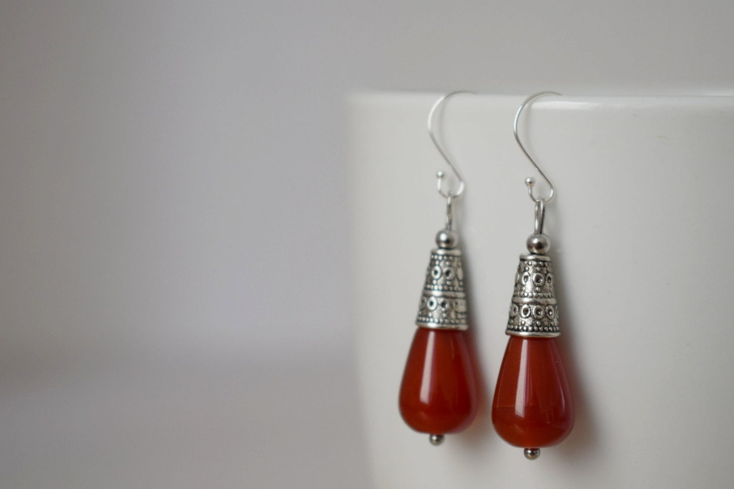 Carnelian teardrop earrings, Red gemstone earrings, Vintage dangle and drop earrings, Boho, Sterling silver earring hooks, Jewelry gift her