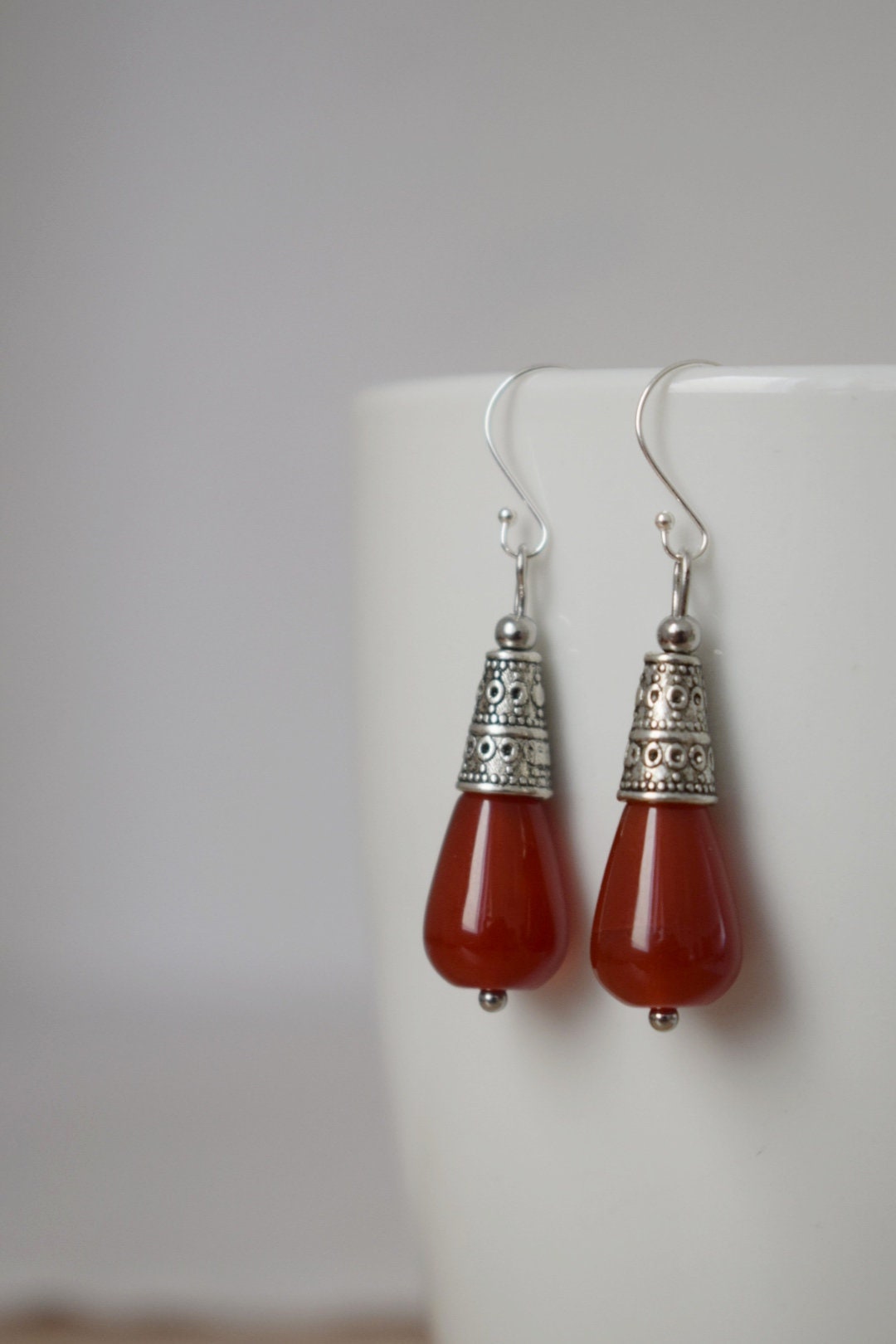 Carnelian teardrop earrings, Red gemstone earrings, Vintage dangle and drop earrings, Boho, Sterling silver earring hooks, Jewelry gift her