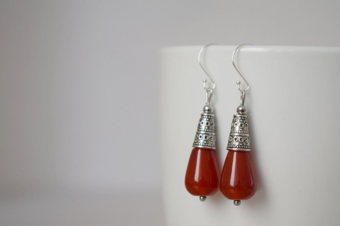 Carnelian teardrop earrings, Red gemstone earrings, Vintage dangle and drop earrings, Boho, Sterling silver earring hooks, Jewelry gift her