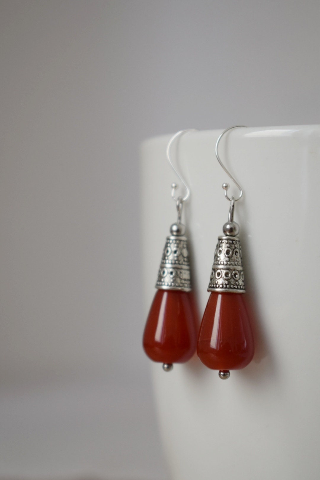 Carnelian teardrop earrings, Red gemstone earrings, Vintage dangle and drop earrings, Boho, Sterling silver earring hooks, Jewelry gift her