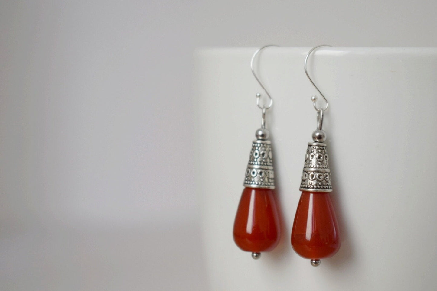 Carnelian teardrop earrings, Red gemstone earrings, Vintage dangle and drop earrings, Boho, Sterling silver earring hooks, Jewelry gift her