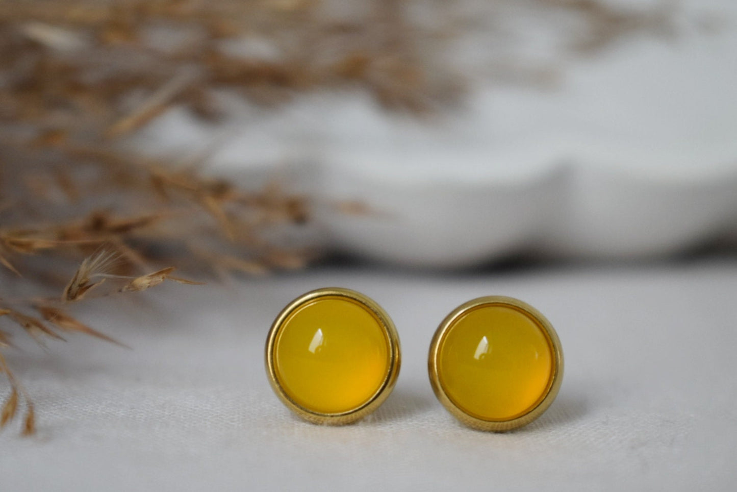 Yellow agate 8mm stud earrings gold plated stainless steel small round gemstone earrings, Unisex jewelry giftBest christmas gift