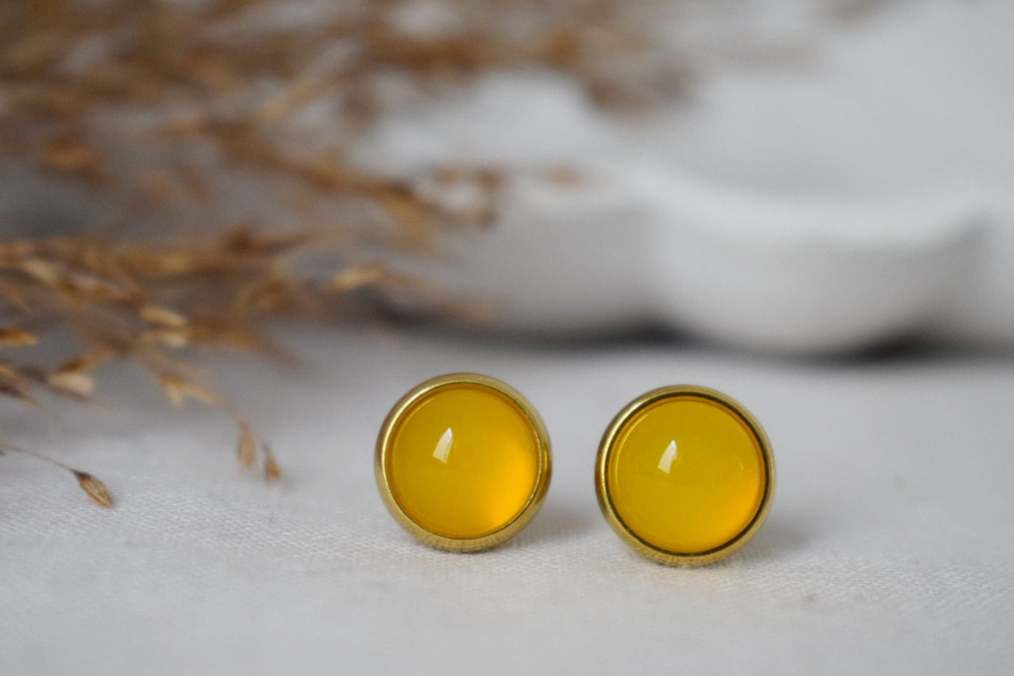 Yellow agate 8mm stud earrings gold plated stainless steel small round gemstone earrings, Unisex jewelry giftBest christmas gift