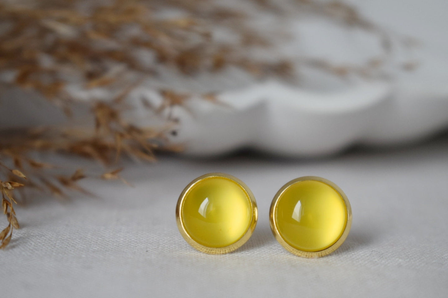 Yellow agate 8mm stud earrings gold plated stainless steel small round gemstone earrings, Unisex jewelry giftBest christmas gift