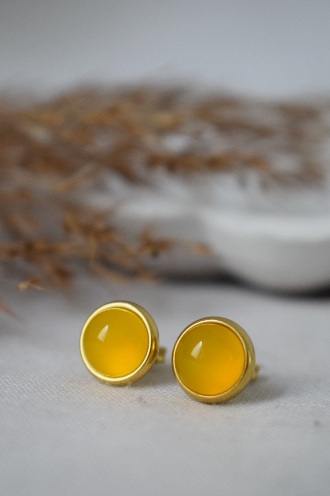 Yellow agate 8mm stud earrings gold plated stainless steel small round gemstone earrings, Unisex jewelry giftBest christmas gift