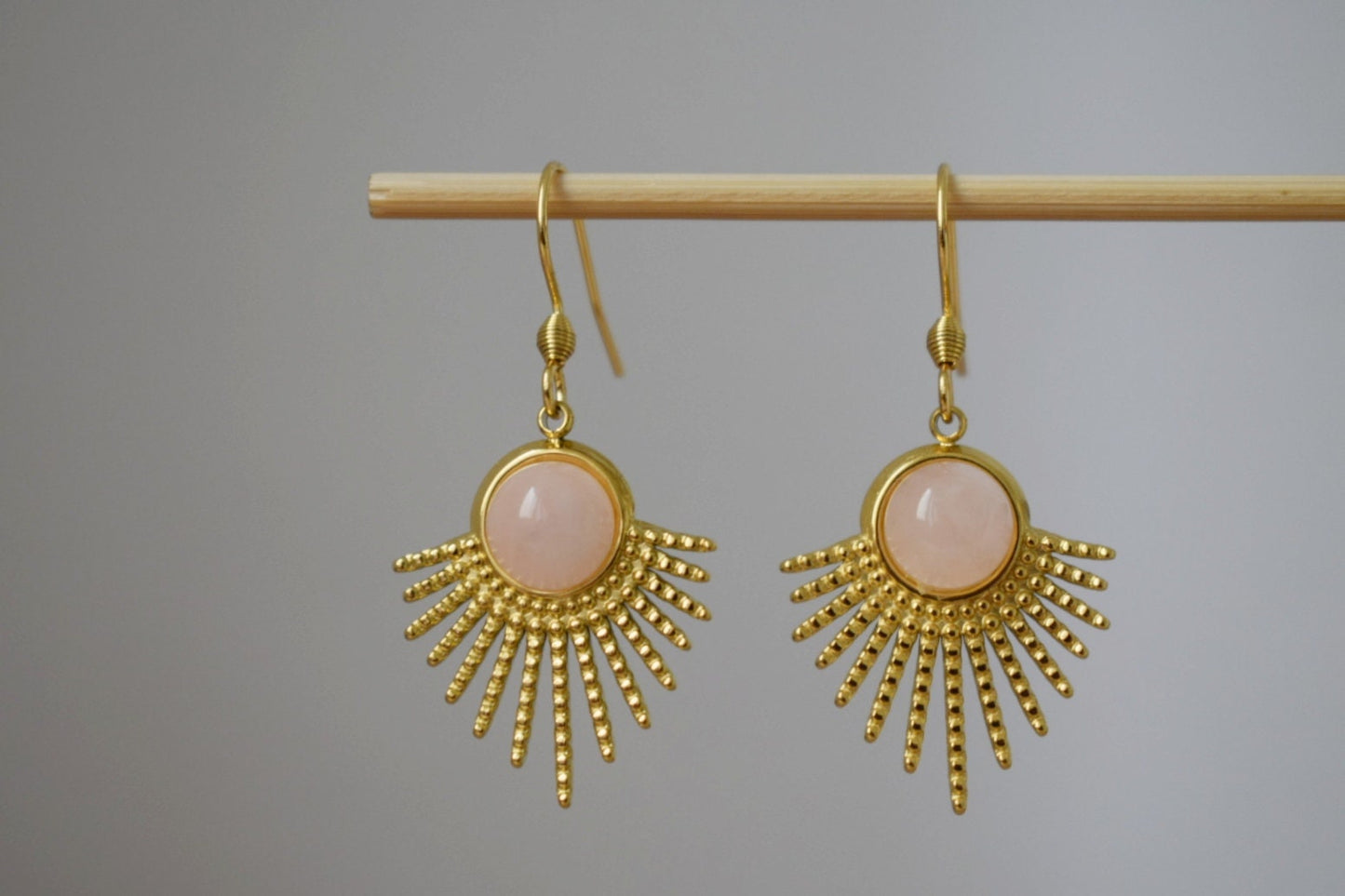 Rose quartz dangle earrings, Sun earrings, Sun rays earrings, Sunburst, Gemstone earrings, Celestial, Gold plated jewelry, Gift for her