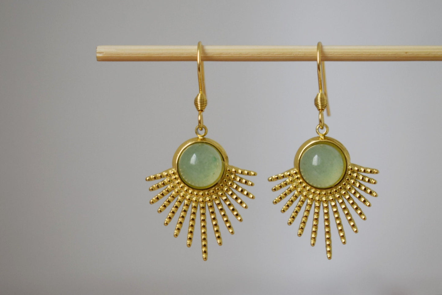 Aventurine earrings gold, Sun rays dangle earrings, Sunburst, Green gemstone, 18k gold plated stainless steel, Celestial, Aventurine jewelry