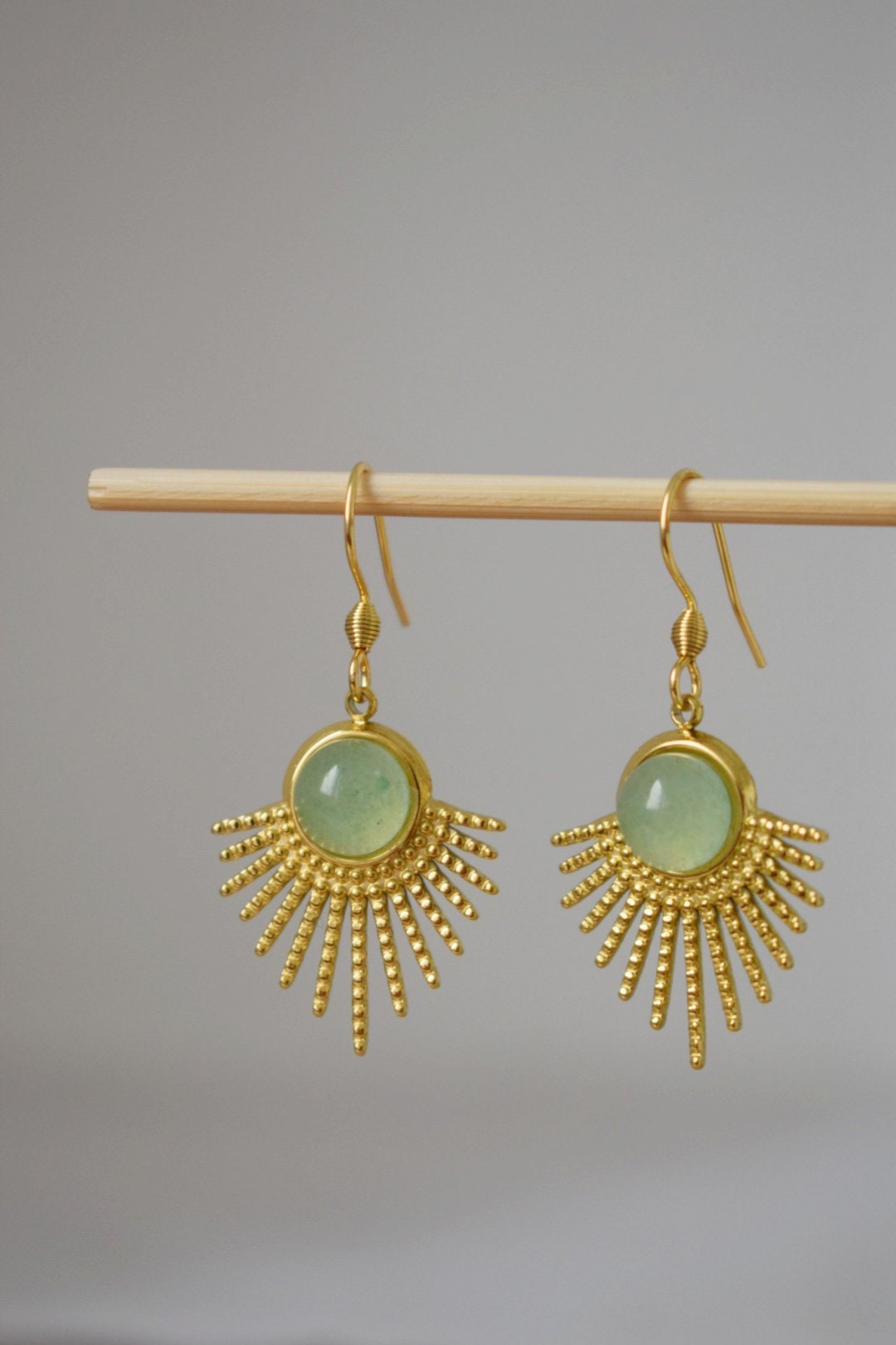 Aventurine earrings gold, Sun rays dangle earrings, Sunburst, Green gemstone, 18k gold plated stainless steel, Celestial, Aventurine jewelry