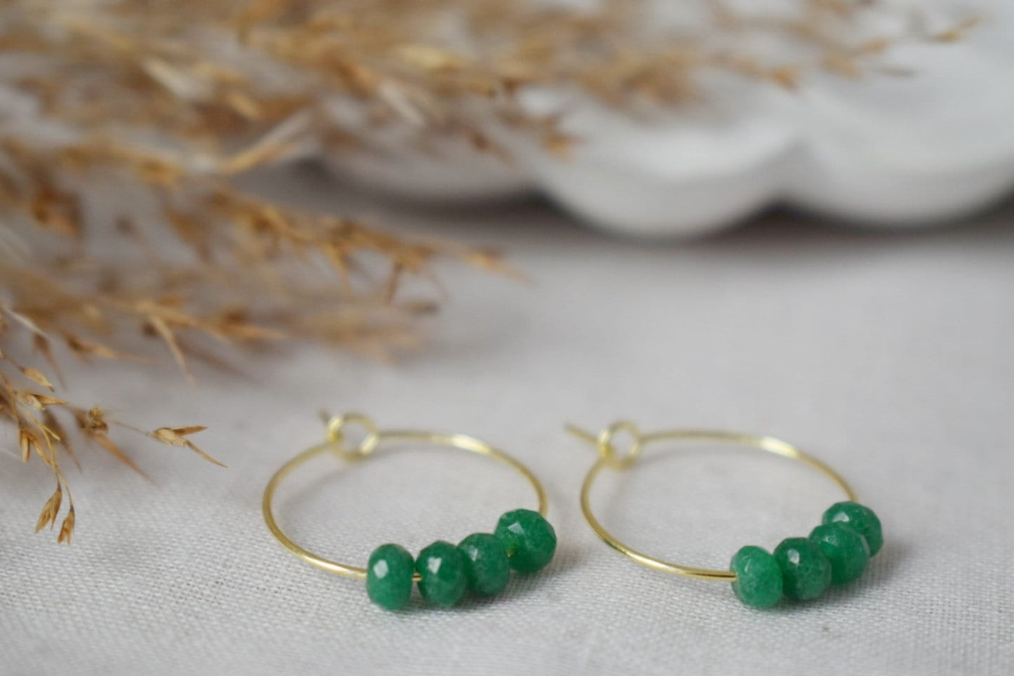 Green jade hoop earrings, Gemstone bead creole, 18k gold plated stainless steel, Emerald green, Minimalist, Boho handmade jewelry gift