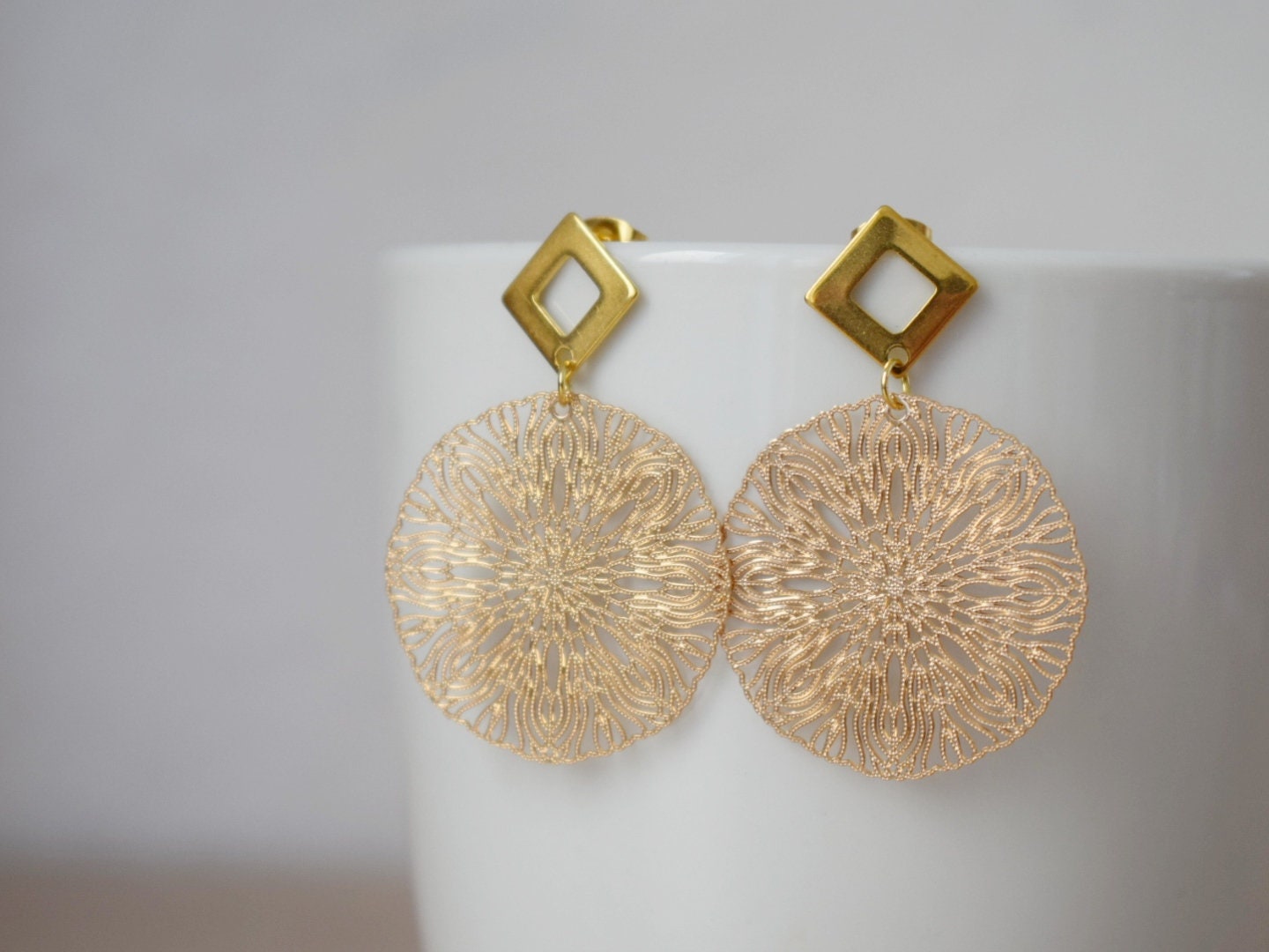 Ornament earrings for women, Mandala stud earrings, Rhombus studs, Gold plated stainless steel studs, Boho filigree earrings, Jewelry gift