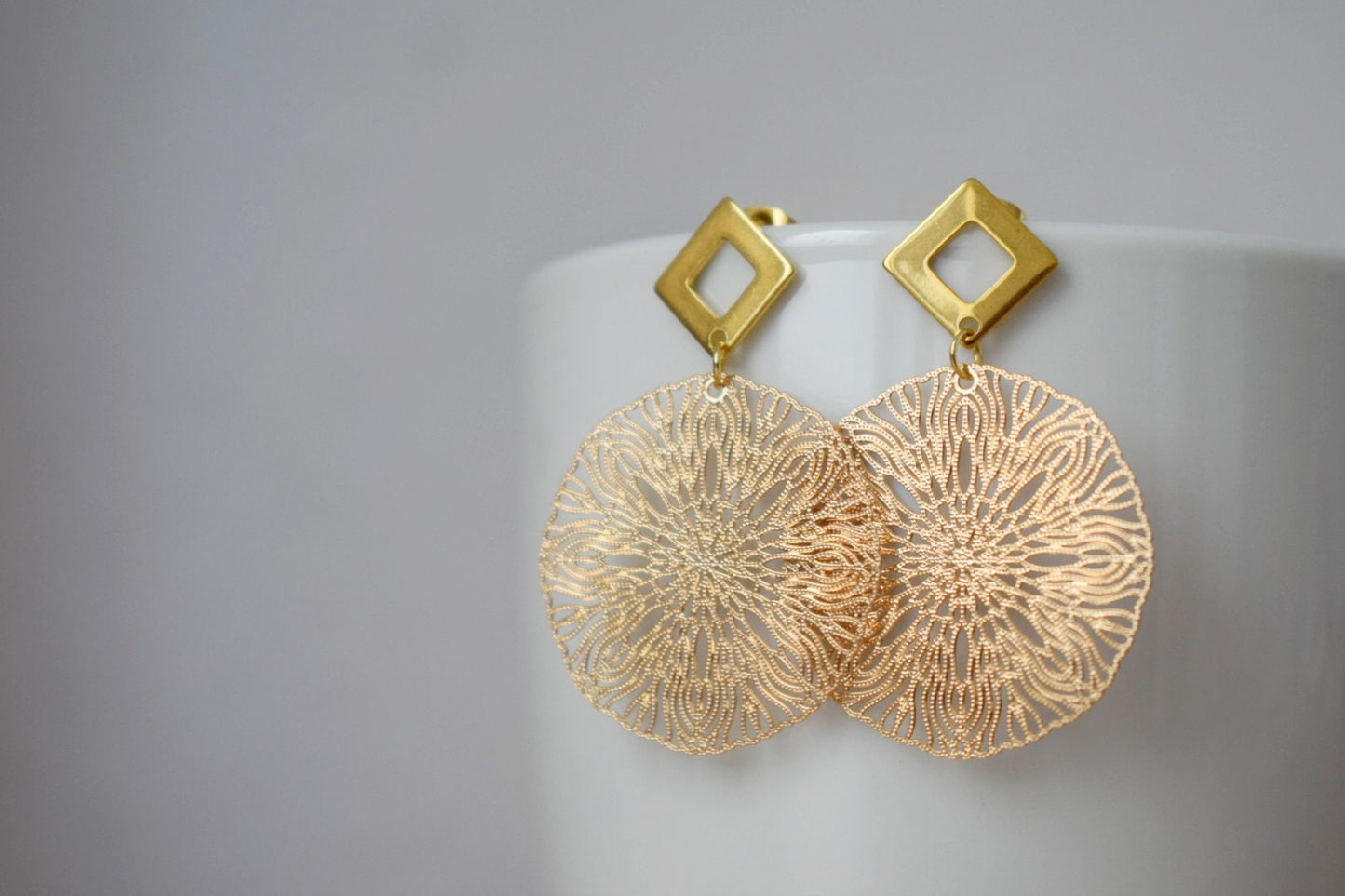 Ornament earrings for women, Mandala stud earrings, Rhombus studs, Gold plated stainless steel studs, Boho filigree earrings, Jewelry gift