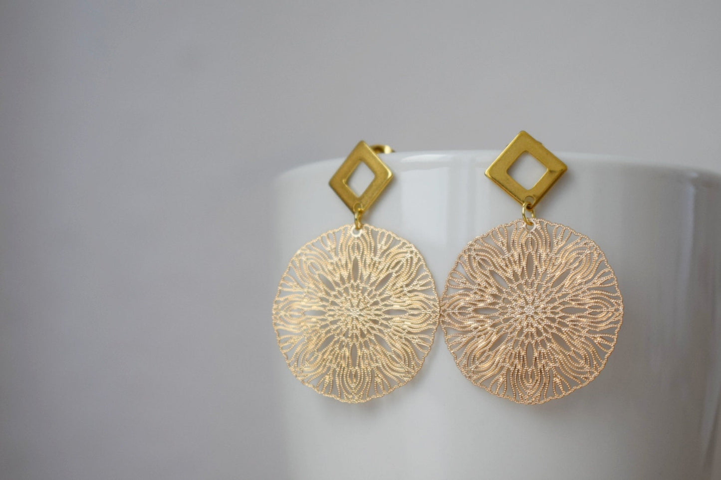 Ornament earrings for women, Mandala stud earrings, Rhombus studs, Gold plated stainless steel studs, Boho filigree earrings, Jewelry gift