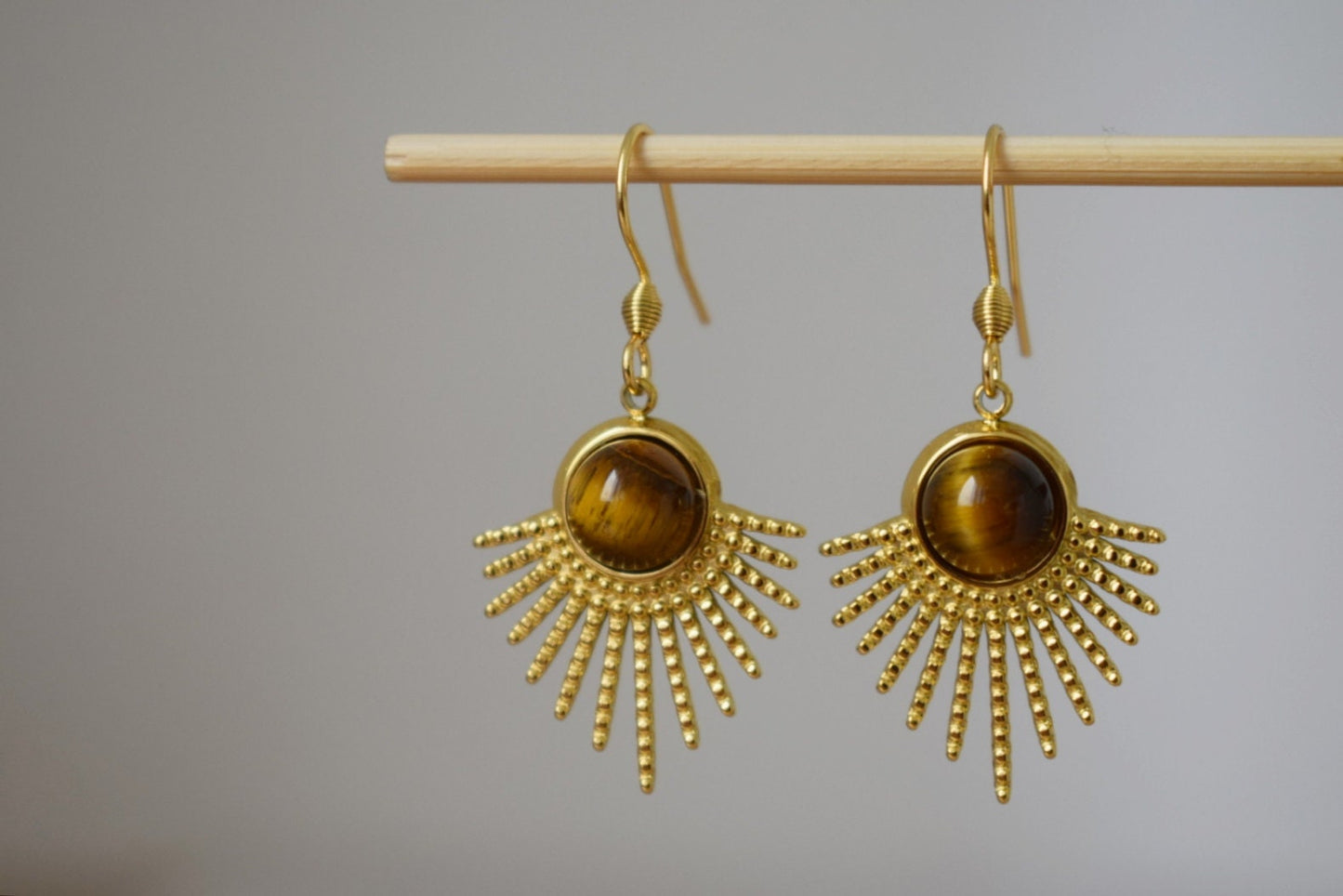 Tiger eye earrings gold, Sun rays dangle earrings, Sunburst, Brown gold gemstone, 18k gold plated stainless steel, Celestial jewelry