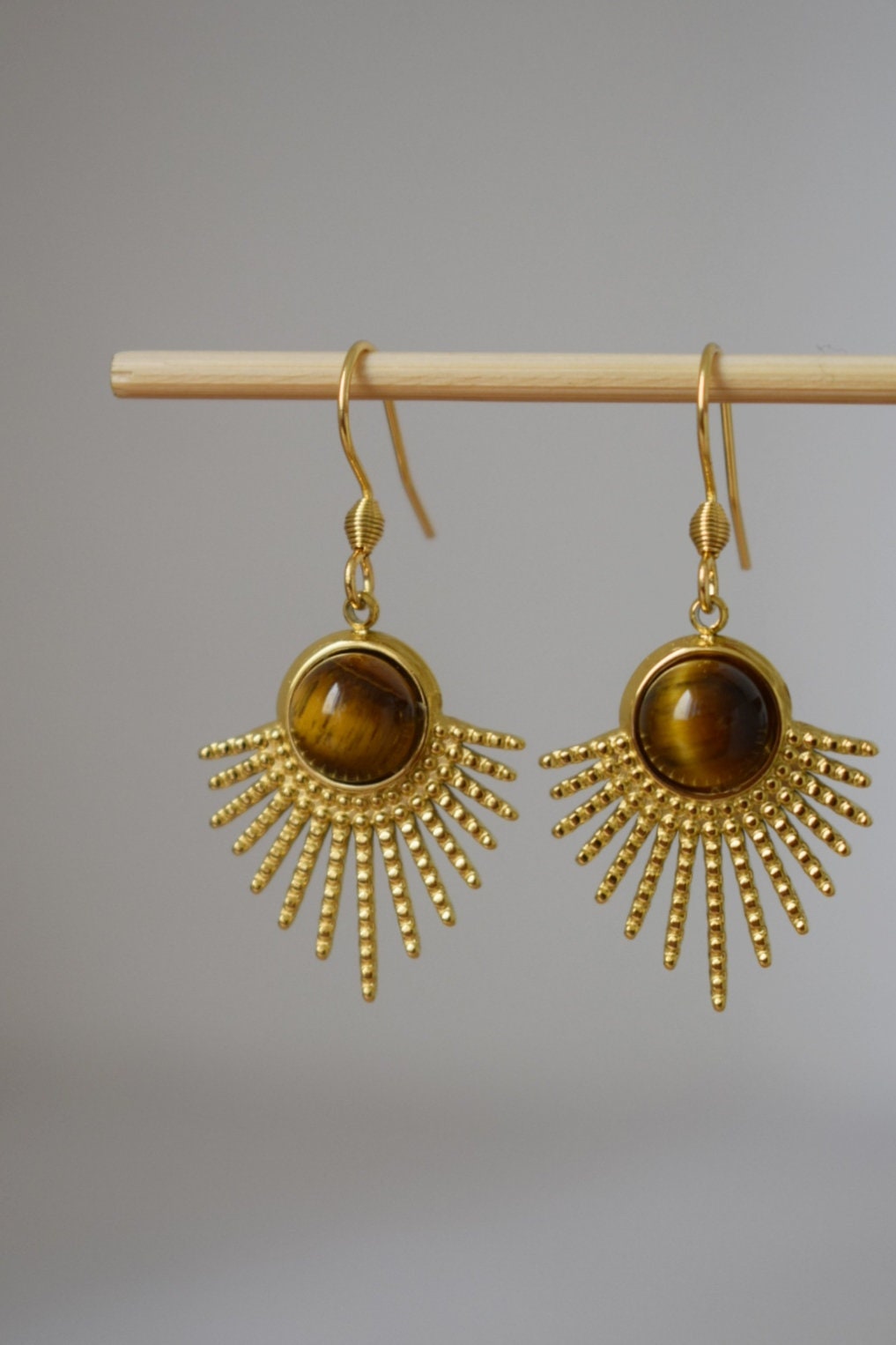 Tiger eye earrings gold, Sun rays dangle earrings, Sunburst, Brown gold gemstone, 18k gold plated stainless steel, Celestial jewelry