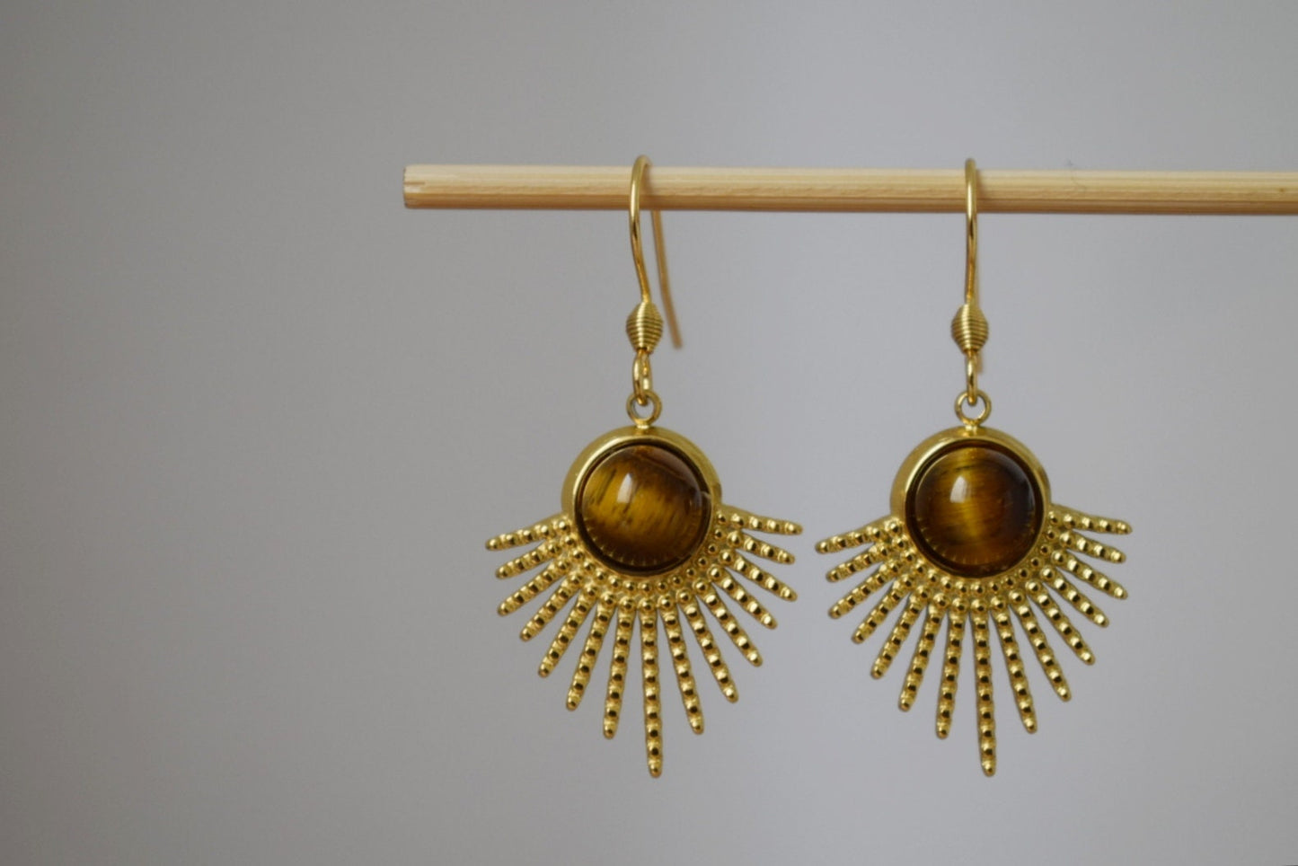 Tiger eye earrings gold, Sun rays dangle earrings, Sunburst, Brown gold gemstone, 18k gold plated stainless steel, Celestial jewelry