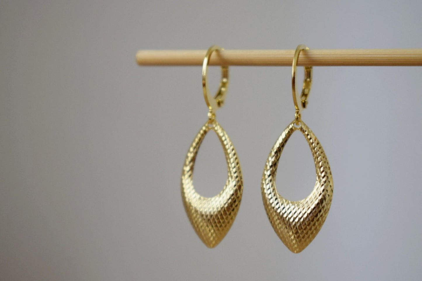 Golden pendant teardrop earrings, Hop earrings, Geometric hanging dangle and drop gold earrings, Birthday small jewelry gifts for women