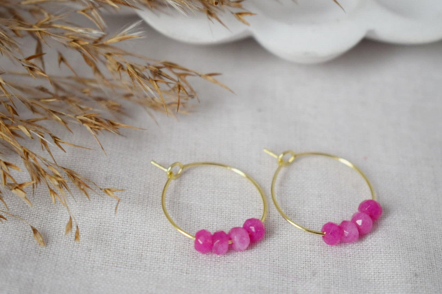 Pink jade hoop earrings, Gemstone bead creole, 18k gold plated stainless steel hoop, Minimalist earrings, Boho handmade jewelry gift for her