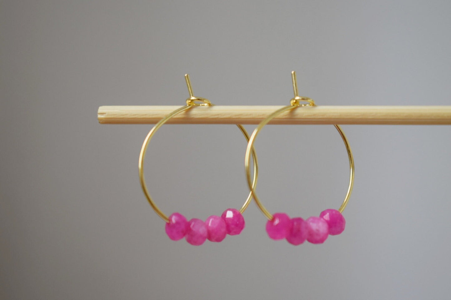 Pink jade hoop earrings, Gemstone bead creole, 18k gold plated stainless steel hoop, Minimalist earrings, Boho handmade jewelry gift for her