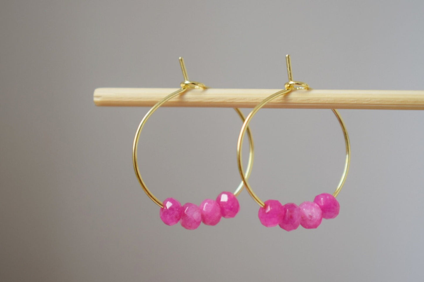 Pink jade hoop earrings, Gemstone bead creole, 18k gold plated stainless steel hoop, Minimalist earrings, Boho handmade jewelry gift for her
