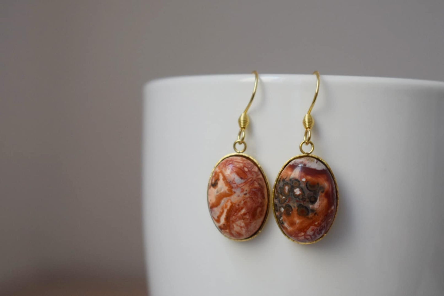 Leopard Skin Jasper Earrings Dangle, Oval Gemstone, Hanging earrings with stones, Gold Plated Stainless steel, Jasper jewelry, Gift for her