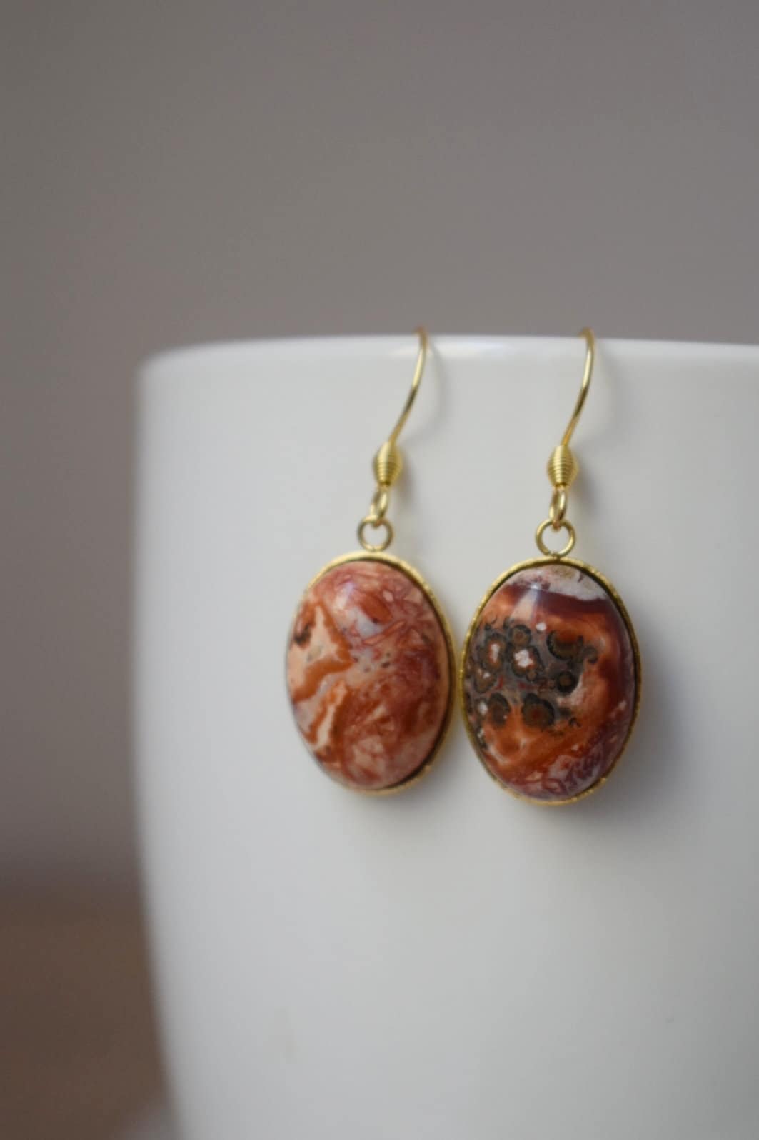 Leopard Skin Jasper Earrings Dangle, Oval Gemstone, Hanging earrings with stones, Gold Plated Stainless steel, Jasper jewelry, Gift for her