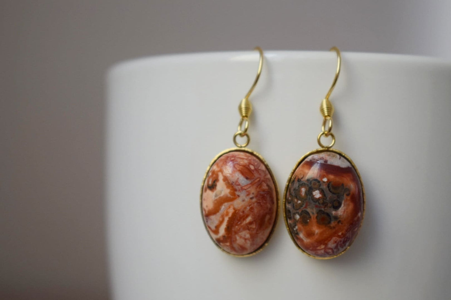 Leopard Skin Jasper Earrings Dangle, Oval Gemstone, Hanging earrings with stones, Gold Plated Stainless steel, Jasper jewelry, Gift for her