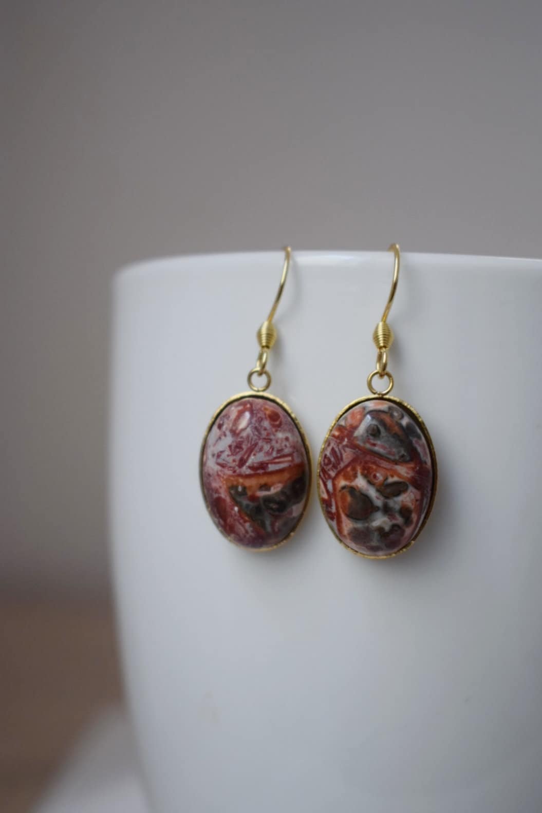 Leopard Skin Jasper Earrings Dangle, Oval Gemstone, Hanging earrings with stones, Gold Plated Stainless steel, Jasper jewelry, Gift for her