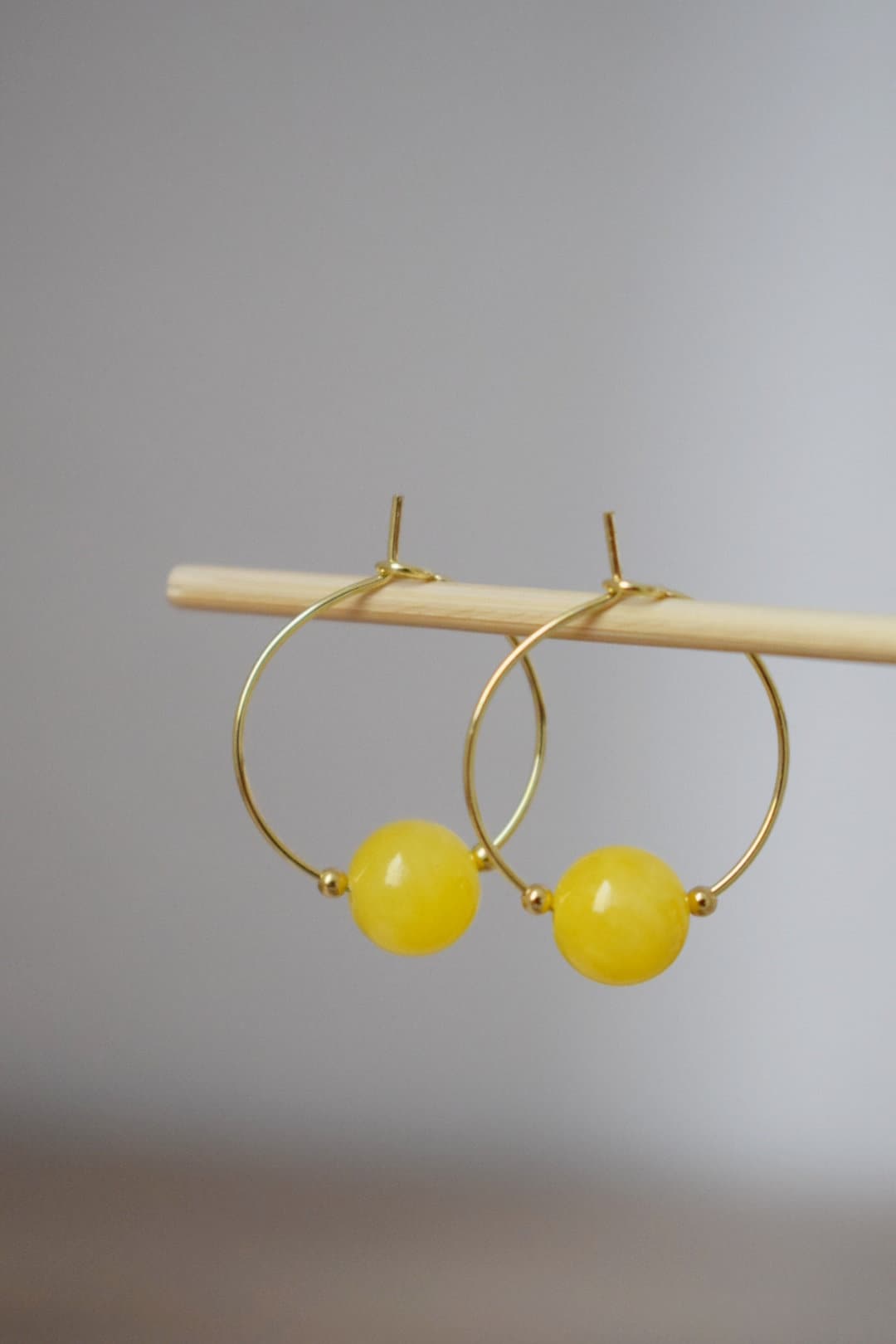 Yellow jade hoop earrings, Gemstone Creole, 18k gold plated stainless steel, Yellow bead, Minimalist, Boho handmade jewelry gift