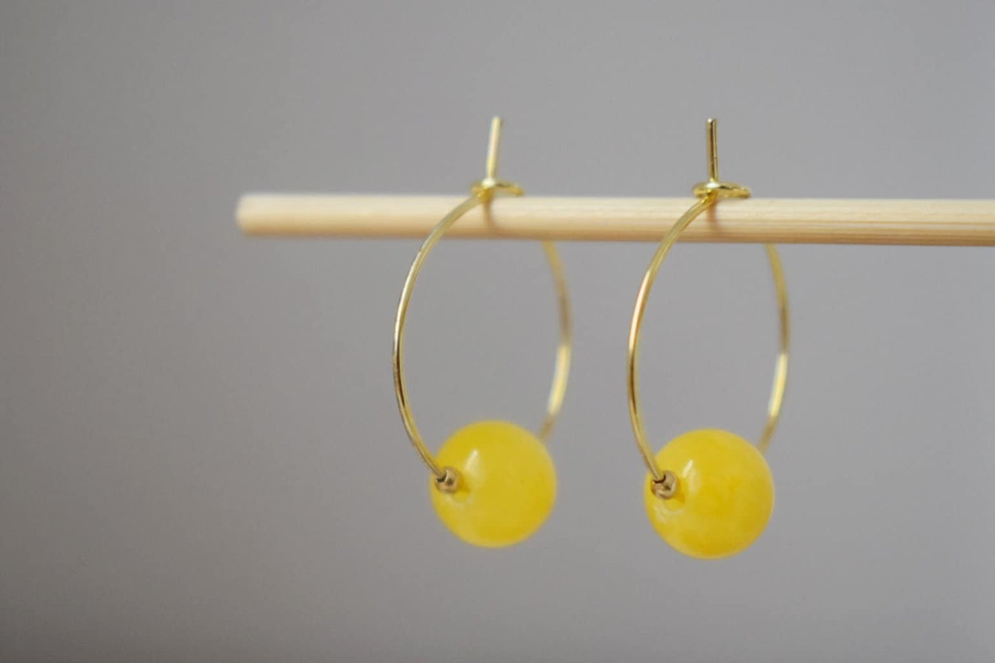 Yellow jade hoop earrings, Gemstone Creole, 18k gold plated stainless steel, Yellow bead, Minimalist, Boho handmade jewelry gift