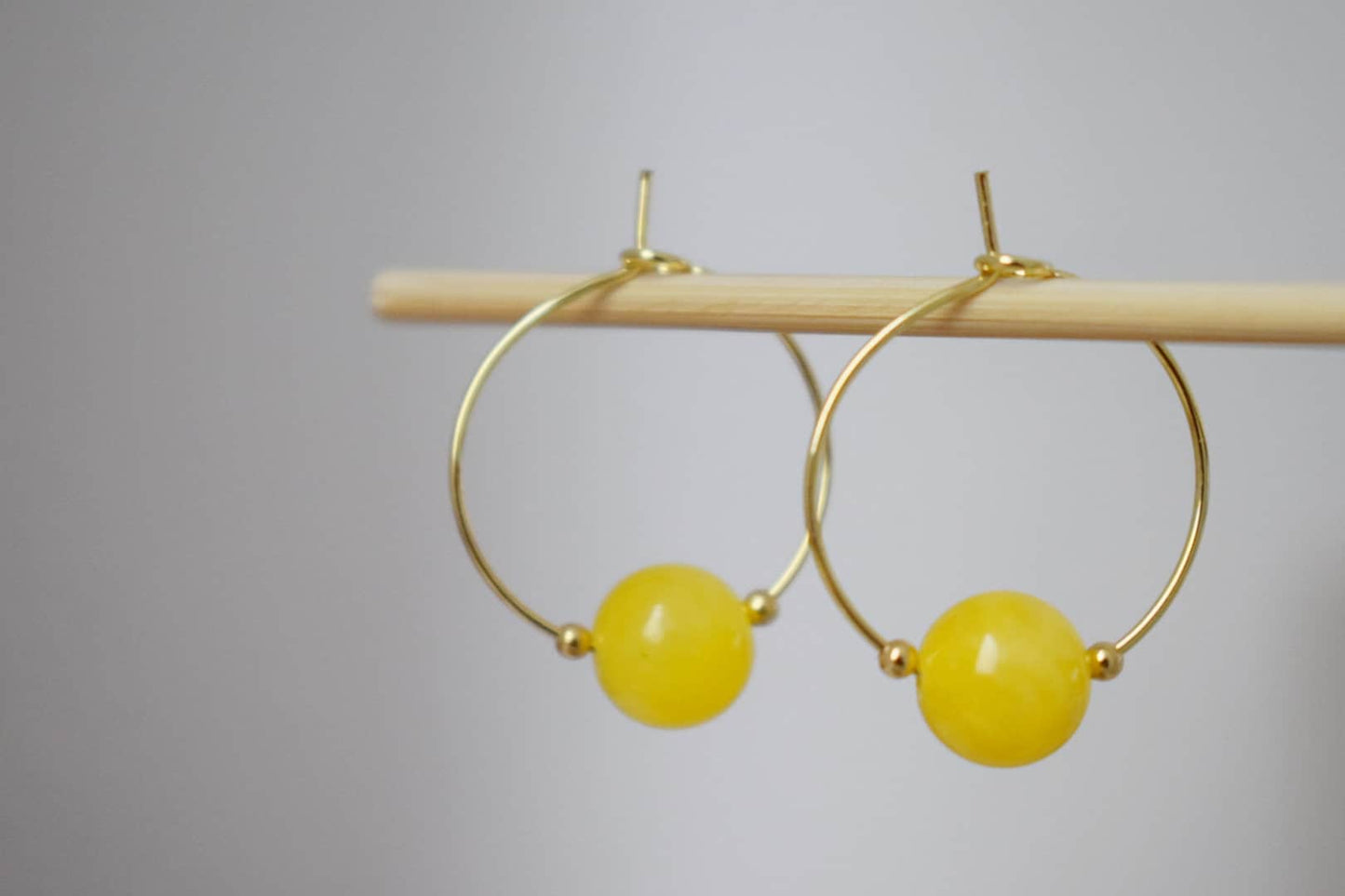 Yellow jade hoop earrings, Gemstone Creole, 18k gold plated stainless steel, Yellow bead, Minimalist, Boho handmade jewelry gift
