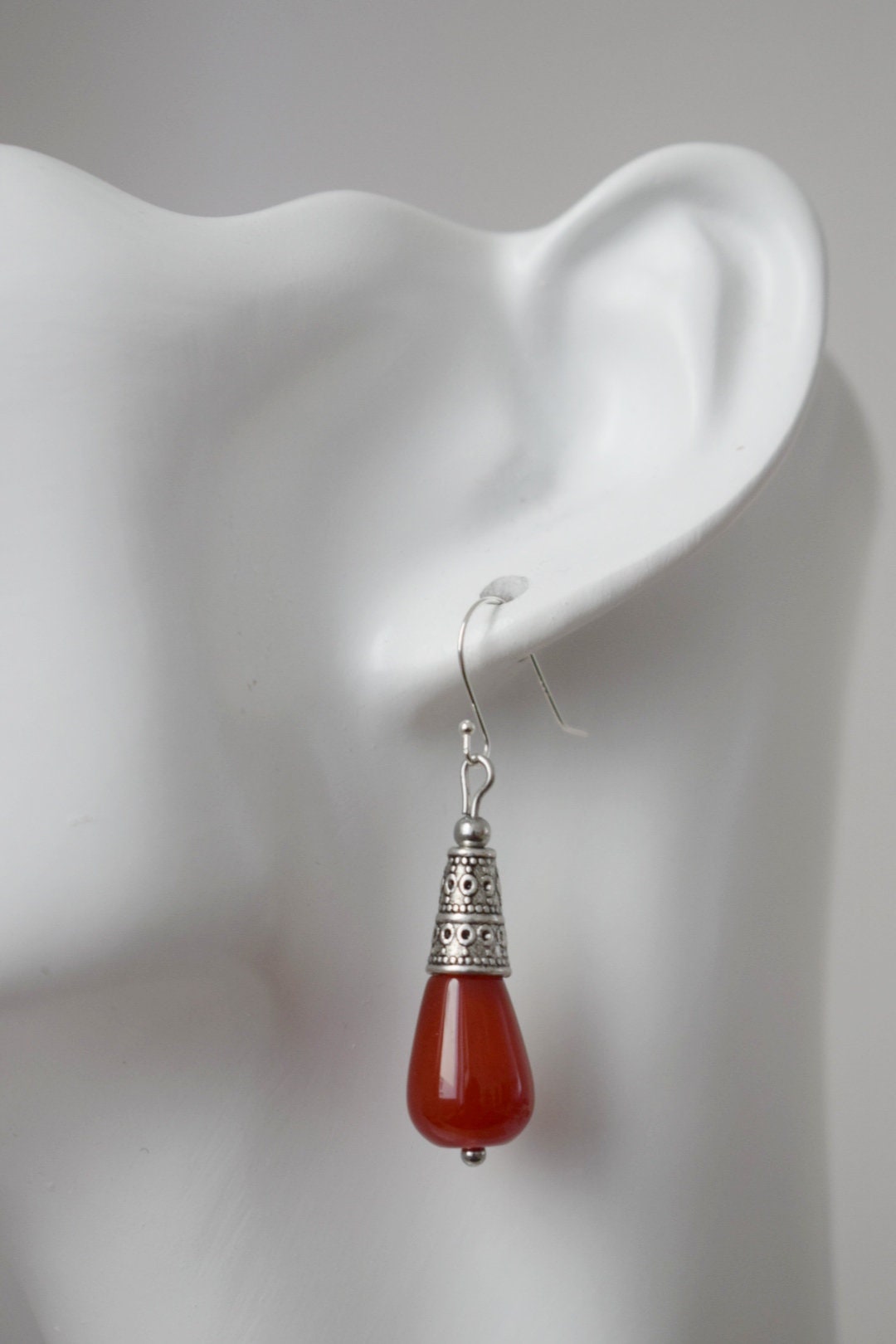 Carnelian teardrop earrings, Red gemstone earrings, Vintage dangle and drop earrings, Boho, Sterling silver earring hooks, Jewelry gift her