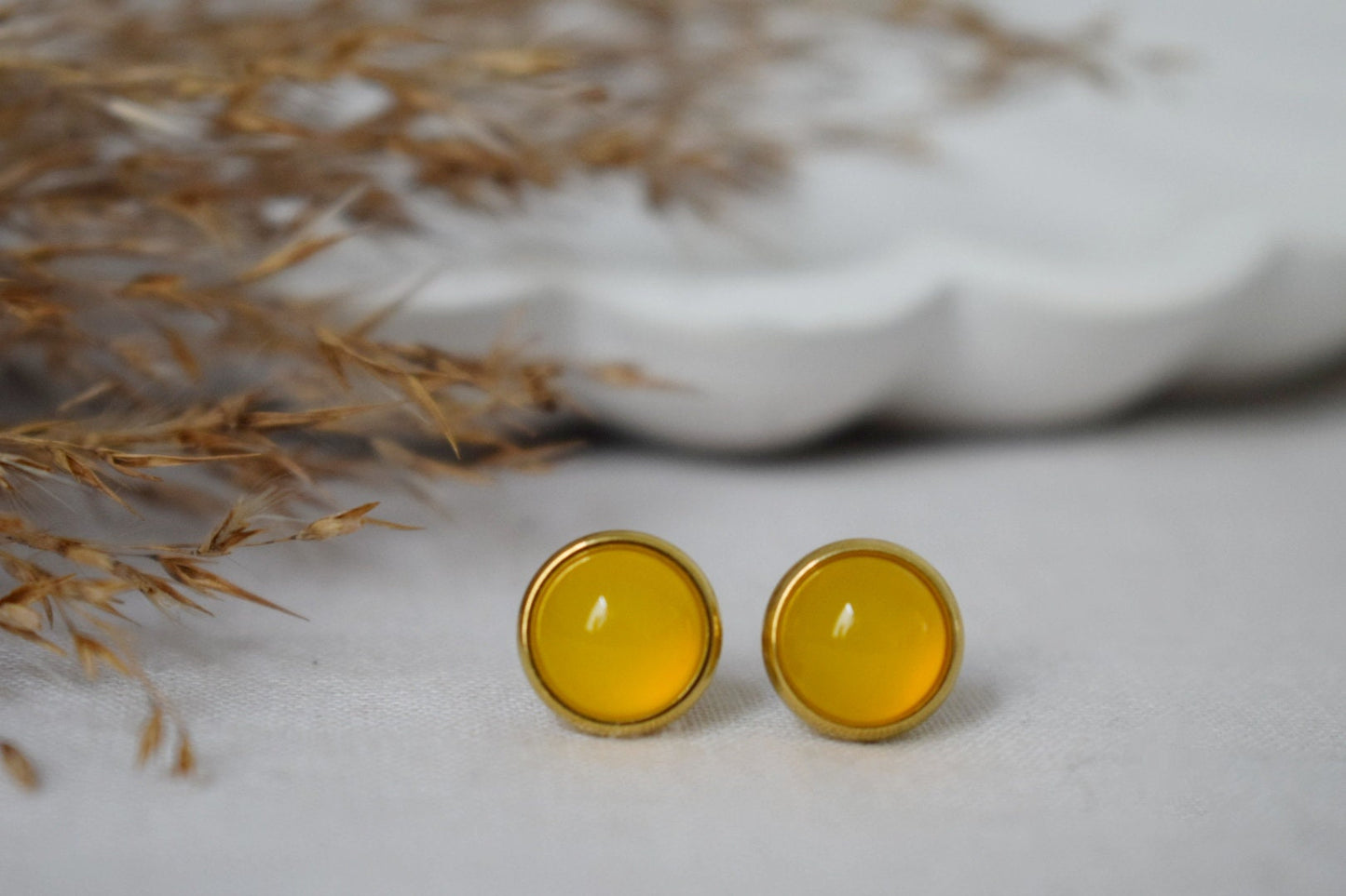 Yellow agate 8mm stud earrings gold plated stainless steel small round gemstone earrings, Unisex jewelry giftBest christmas gift