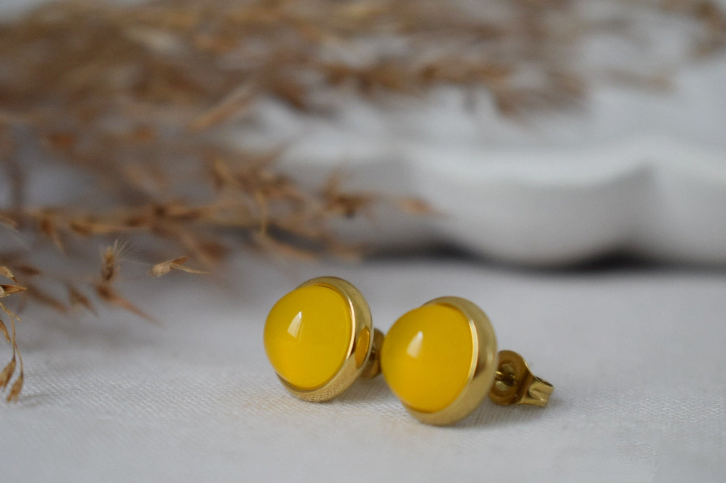 Yellow agate 8mm stud earrings gold plated stainless steel small round gemstone earrings, Unisex jewelry giftBest christmas gift