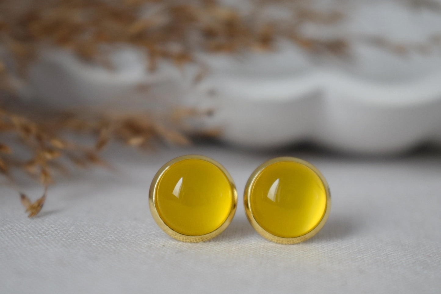 Yellow agate 8mm stud earrings gold plated stainless steel small round gemstone earrings, Unisex jewelry giftBest christmas gift
