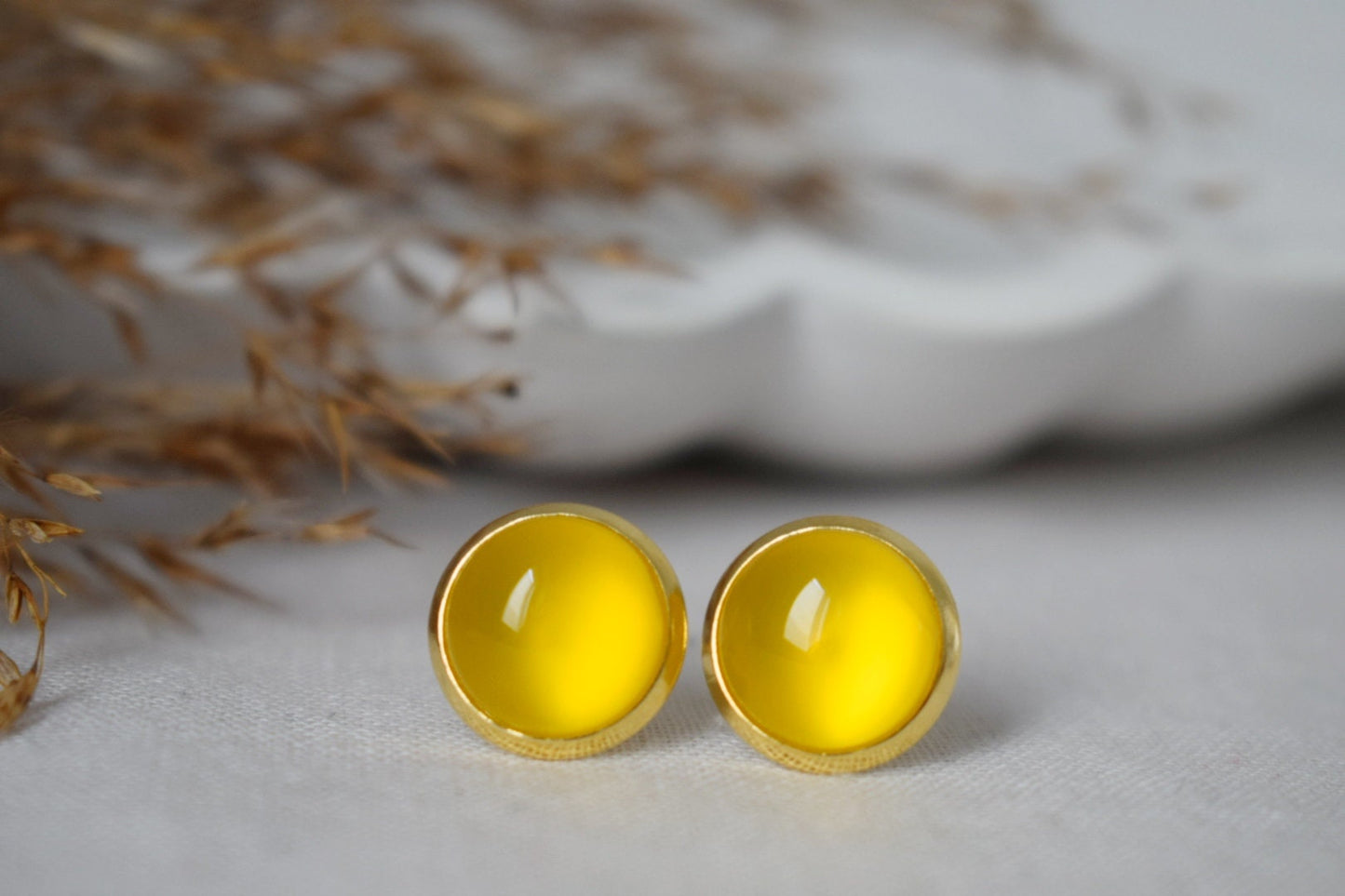 Yellow agate 8mm stud earrings gold plated stainless steel small round gemstone earrings, Unisex jewelry giftBest christmas gift