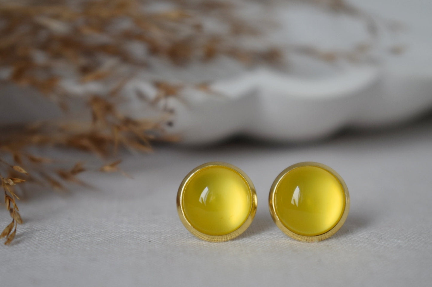 Yellow agate 8mm stud earrings gold plated stainless steel small round gemstone earrings, Unisex jewelry giftBest christmas gift