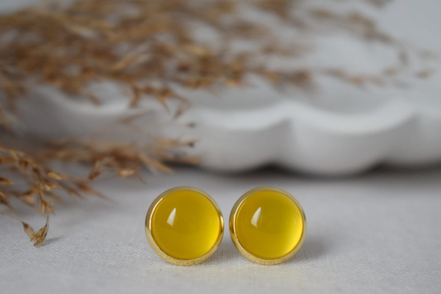 Yellow agate stud earrings, 18k gold plated stainless steel, 10mm small round gemstone earrings, Unisex jewelry gift, Best christmas gift