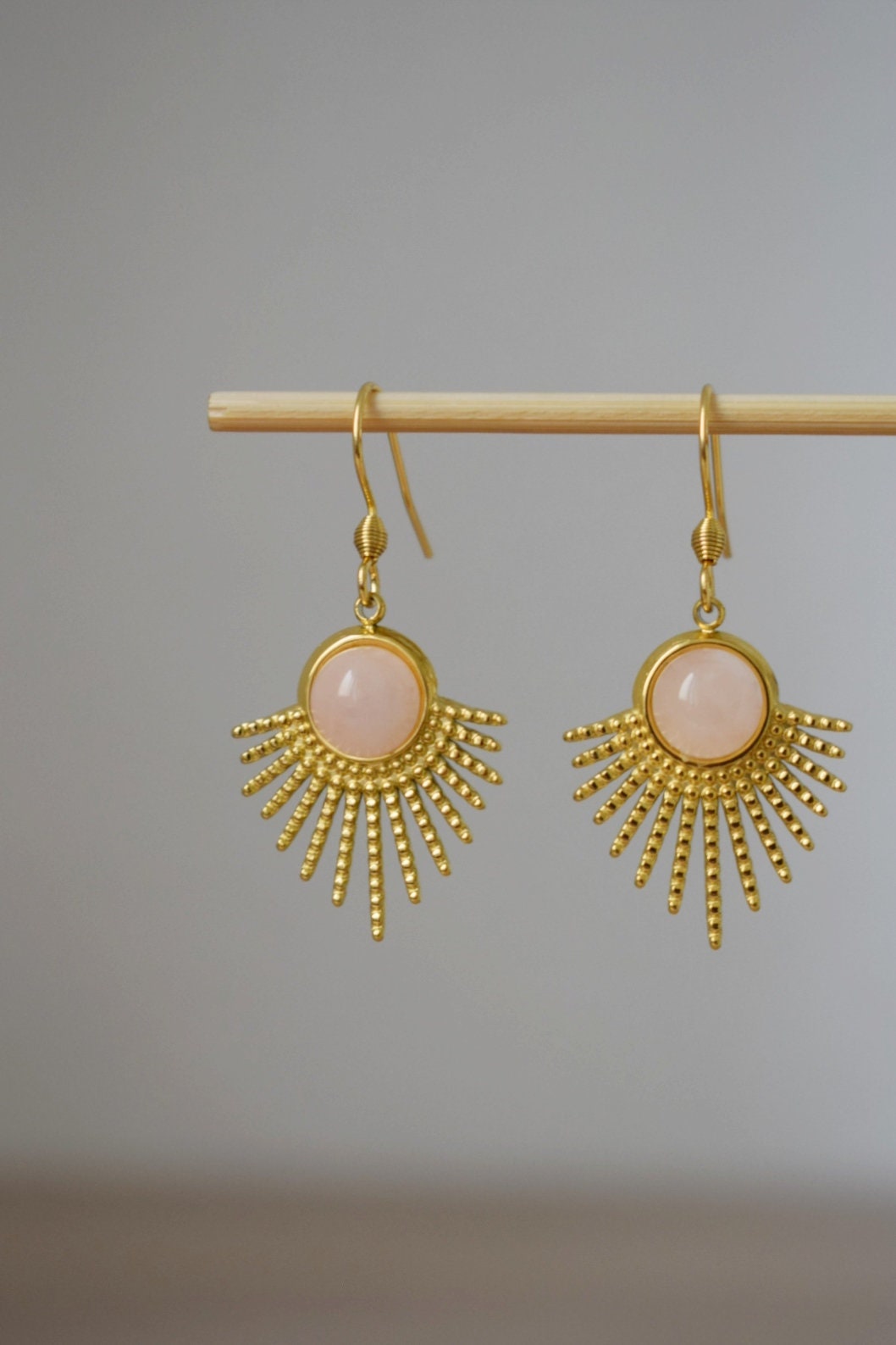 Rose quartz dangle earrings, Sun earrings, Sun rays earrings, Sunburst, Gemstone earrings, Celestial, Gold plated jewelry, Gift for her