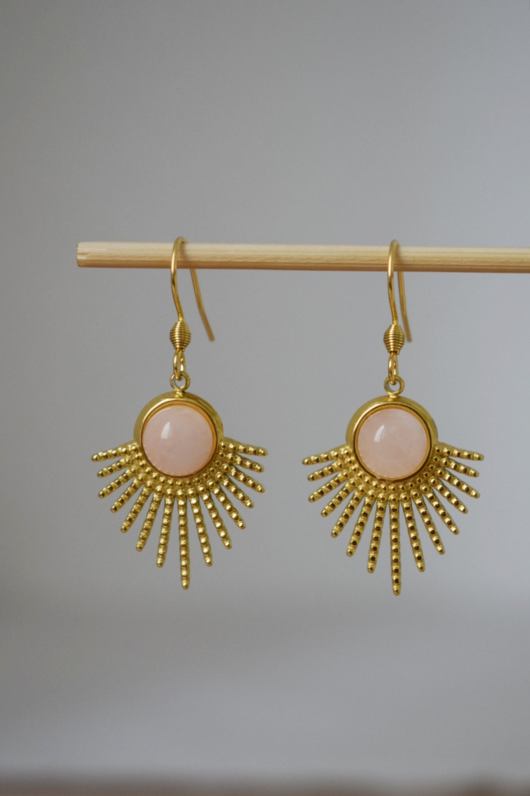 Rose quartz dangle earrings, Sun earrings, Sun rays earrings, Sunburst, Gemstone earrings, Celestial, Gold plated jewelry, Gift for her