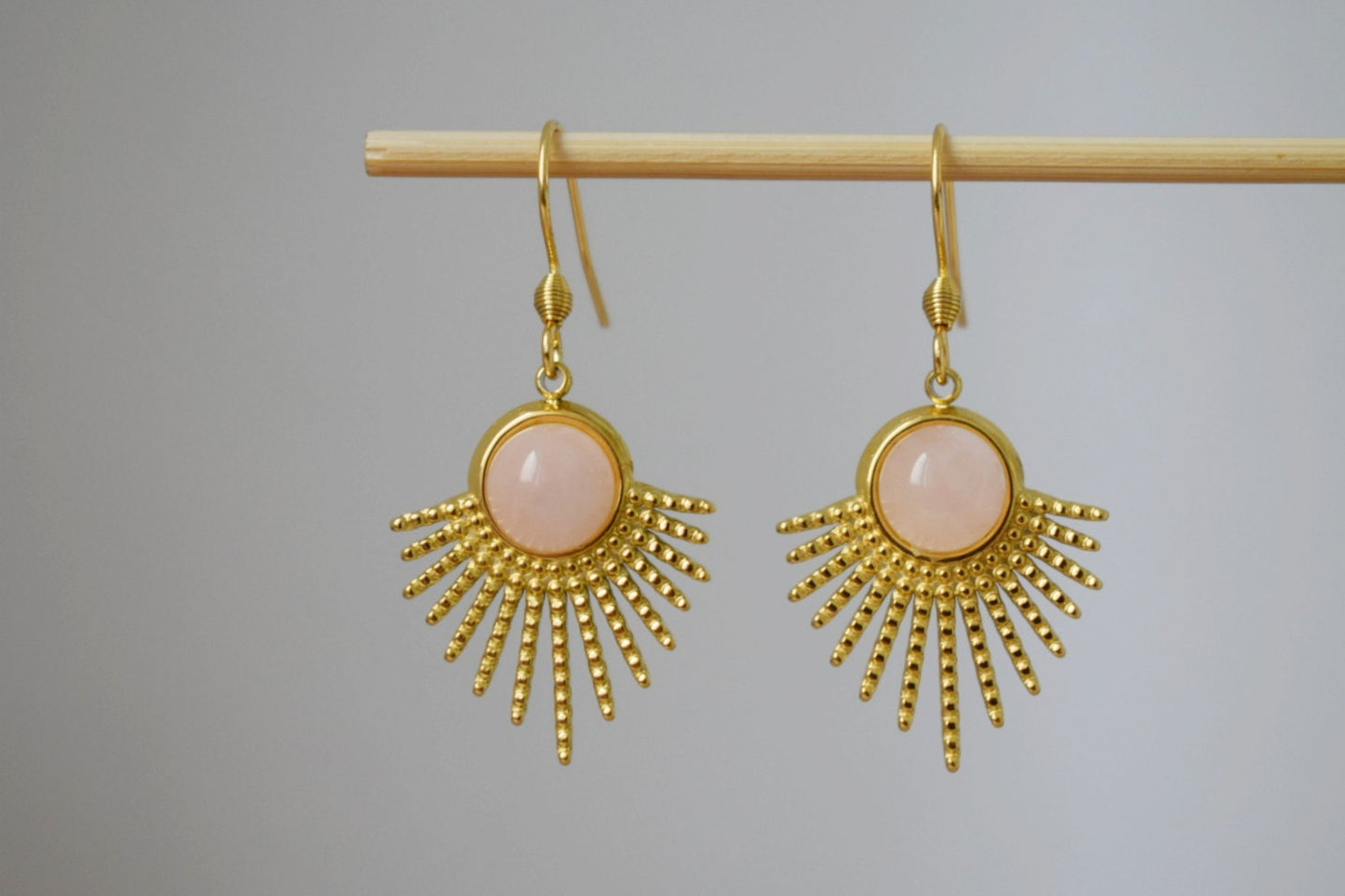 Rose quartz dangle earrings, Sun earrings, Sun rays earrings, Sunburst, Gemstone earrings, Celestial, Gold plated jewelry, Gift for her