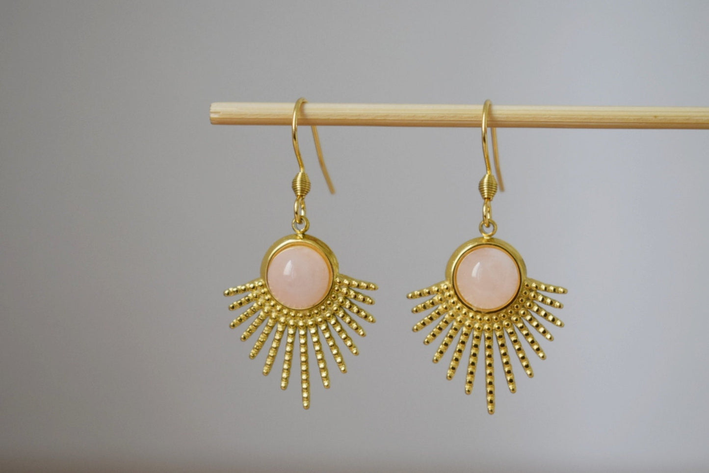 Rose quartz dangle earrings, Sun earrings, Sun rays earrings, Sunburst, Gemstone earrings, Celestial, Gold plated jewelry, Gift for her