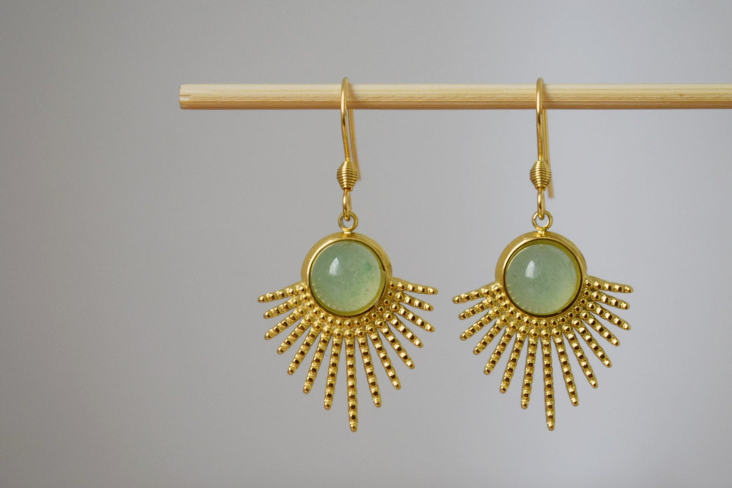 Aventurine earrings gold, Sun rays dangle earrings, Sunburst, Green gemstone, 18k gold plated stainless steel, Celestial, Aventurine jewelry