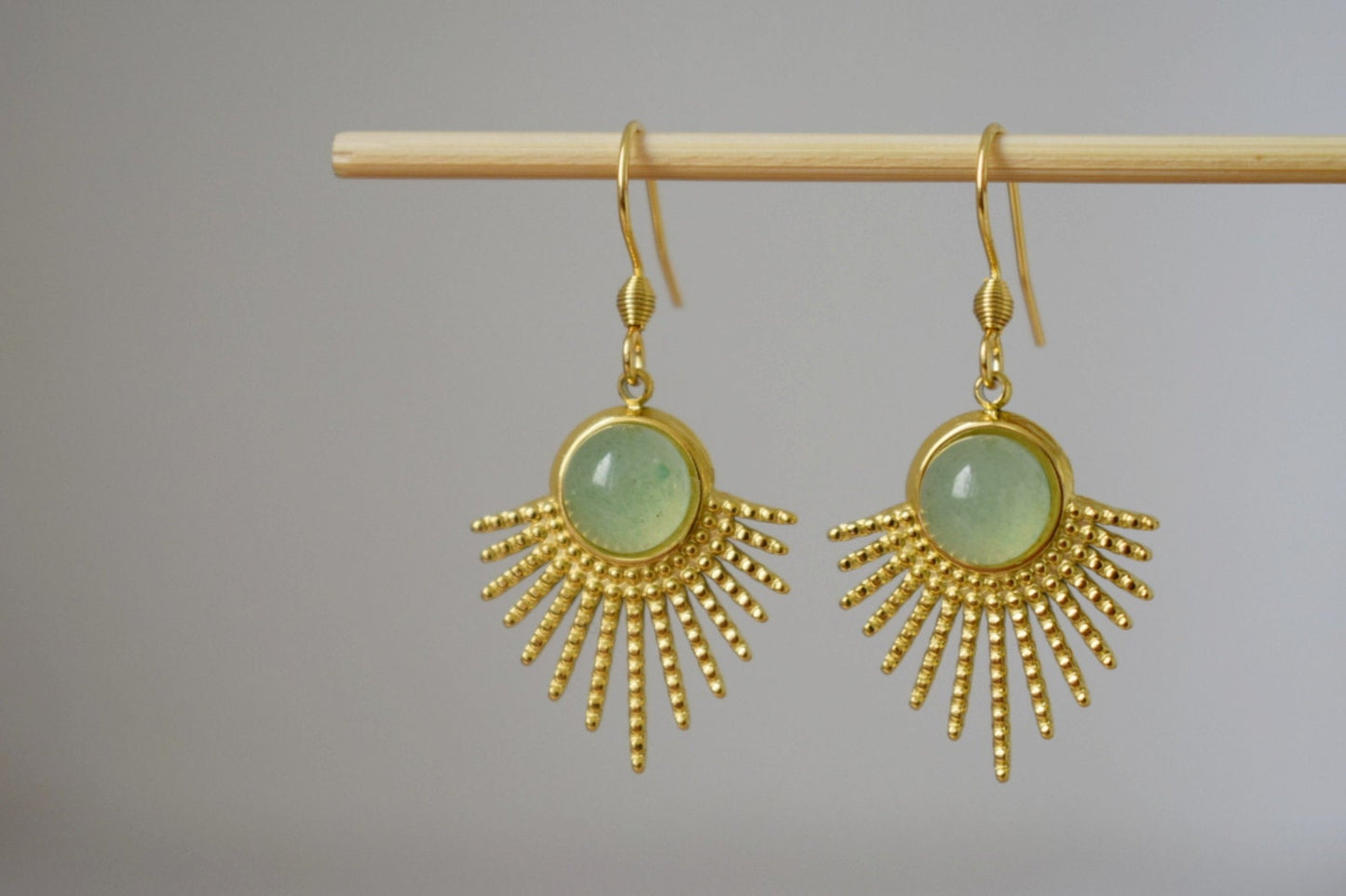 Aventurine earrings gold, Sun rays dangle earrings, Sunburst, Green gemstone, 18k gold plated stainless steel, Celestial, Aventurine jewelry