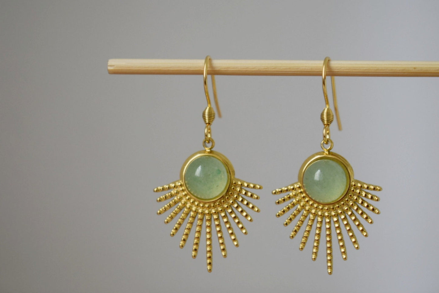 Aventurine earrings gold, Sun rays dangle earrings, Sunburst, Green gemstone, 18k gold plated stainless steel, Celestial, Aventurine jewelry