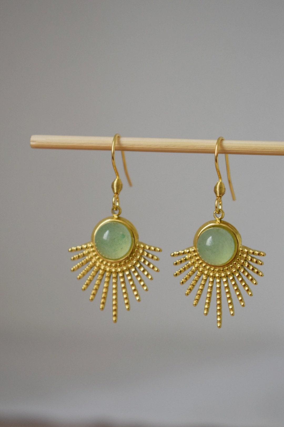 Aventurine earrings gold, Sun rays dangle earrings, Sunburst, Green gemstone, 18k gold plated stainless steel, Celestial, Aventurine jewelry