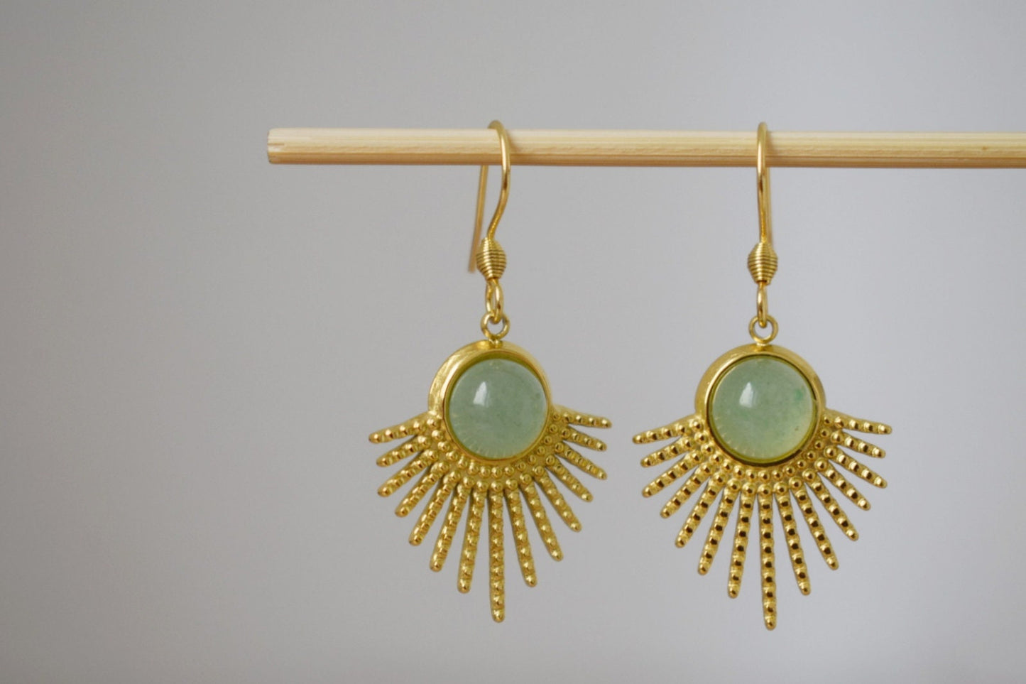 Aventurine earrings gold, Sun rays dangle earrings, Sunburst, Green gemstone, 18k gold plated stainless steel, Celestial, Aventurine jewelry