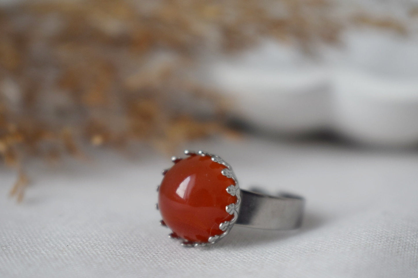 Red Agate Ring, Gemstone Adjustable Ring, Red stone Ring, Everyday Round Crystal Ring, Red agate Jewelry, Birthday Gift For Her